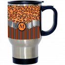 Letter -M- Initial Leopard Print and Stripes Monogrammed Design 14oz Stainless Steel Travel Mug