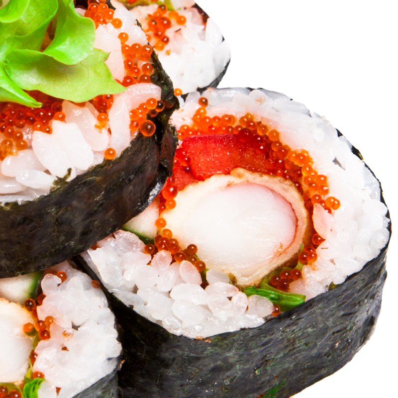 Maki sushi roll with crab meat and roe