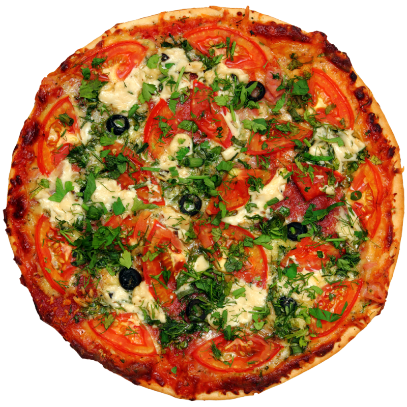 Pizza with tomatoes and greens