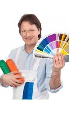 Painter with paints and sample cards