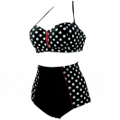 Cocoship Retro Stripe Black Polka Dot High Waist Bikini Swimsuit