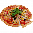 Pizza with meat and basil 