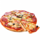 Pizza with salami black olives and mushrooms