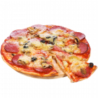 Pizza with salami black olives and mushrooms