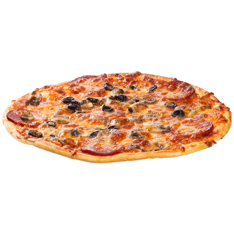 Pizza with salami black olives and mushrooms