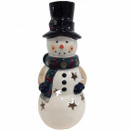 Holiday Snowman Candle Lantern - Solid Stoneware Christmas Statuary