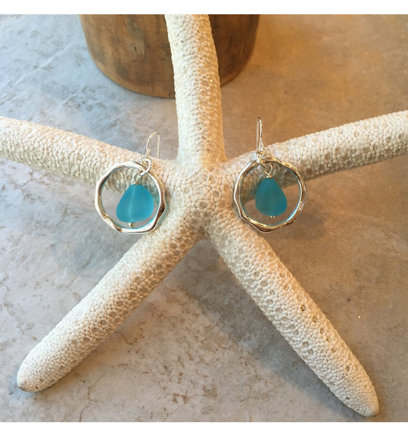 Ocean Waves Sea Glass Earrings Handmade Silver plated Hoop
