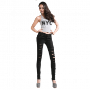 Woman Cut out Punk Novel Ripped Jeans Denim Jeggings Trousers-Skinny